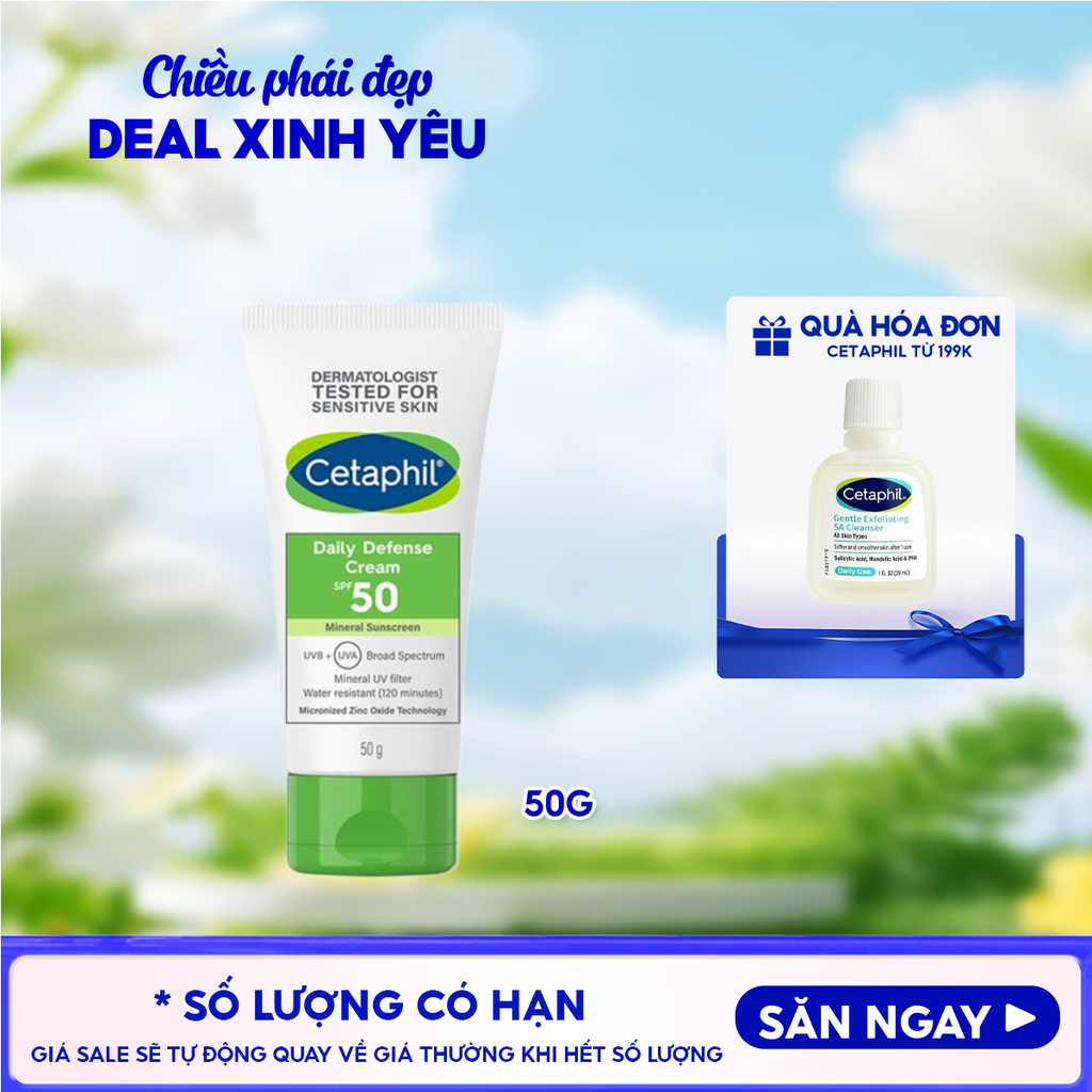 Kem Chống Nắng Cetaphil Dưỡng Ẩm 2in1 Cho Da Thiên Dầu, Nhạy Cảm Daily Defense Cream SPF50 UVB+UVA 50g