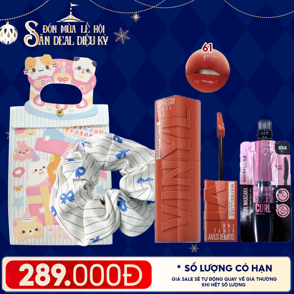  Combo Quà Tặng: Túi Quà + Son Kem Bóng Bền Màu, Nhẹ Môi Maybelline 61 RISKY + Mascara Maybelline + Cột Tóc 