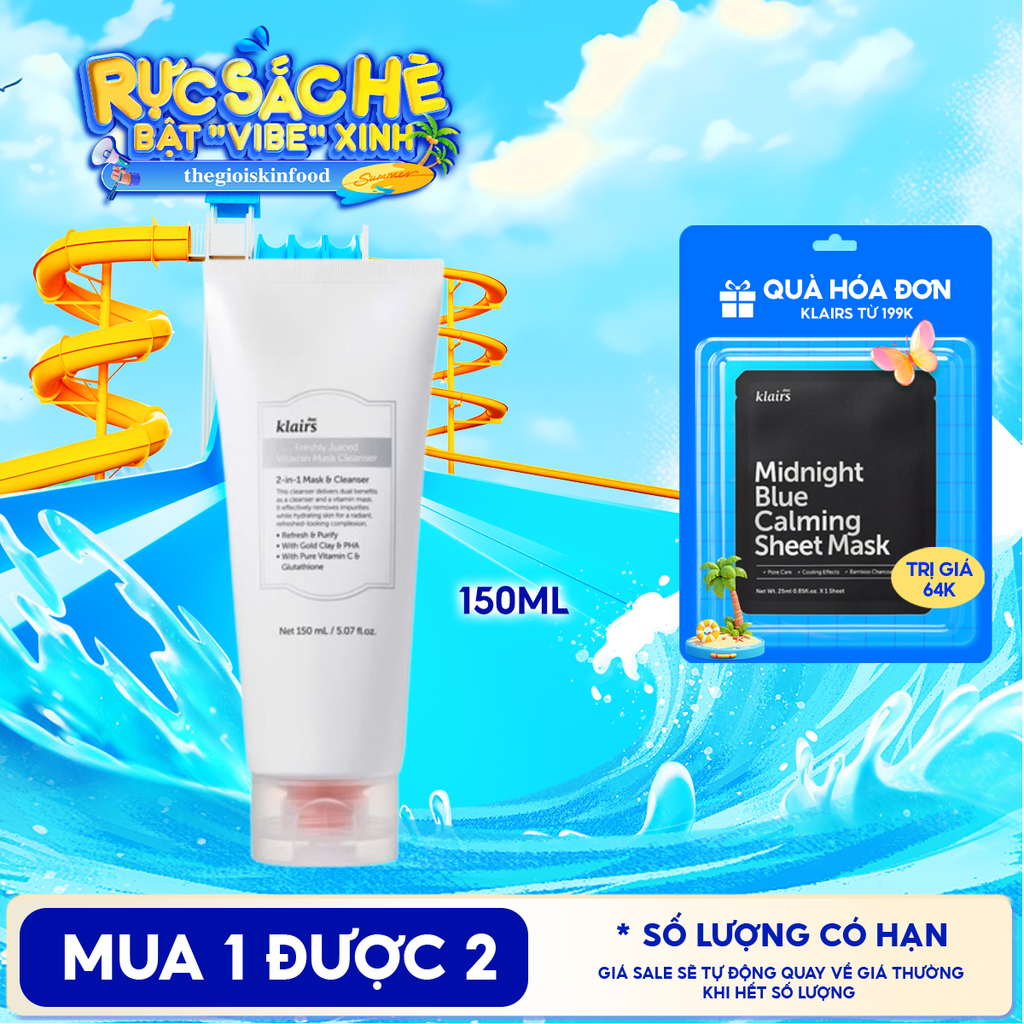 Sữa Rửa Mặt Klairs Hỗ Trợ Làm Sáng Da, Cải Thiện Lỗ Chân Lông Freshly Juiced Vitamin Mask Cleanser 150ml