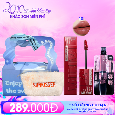 Combo Quà Tặng 20/10: Túi Quà + Son Kem Bóng Bền Màu, Nhẹ Môi Maybelline 10 LIPPY + Mascara Làm Dài, Cong Mi, Không Lem Trôi Maybelline + Túi Lông Sunkisser