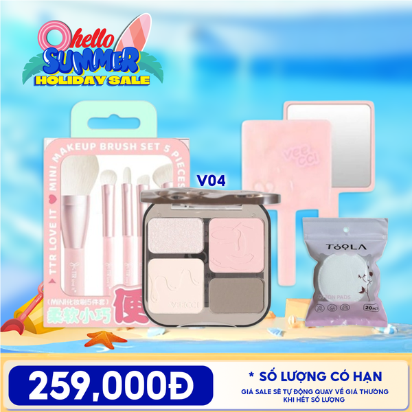  Combo Tiện Lợi: Phấn Bắt Sáng Và Tạo Khối VEECCI + Gương Trang Điểm Cầm Tay VEECCI + Pack 5 Cọ Trang Điểm Chuyên Dụng TTR Makeup Brush + Bông Tẩy Trang Mềm Mịn TOOLA 