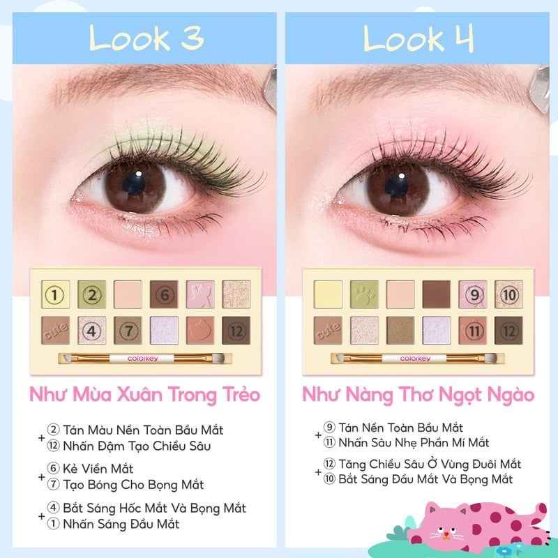 Bảng Phấn Mắt 12 Ô Màu Colorkey Đa Năng, Tiện Lợi Bloom Chase 12-Color Eyeshadow Palette 17.7g (The Polka Dot Cat Edition)