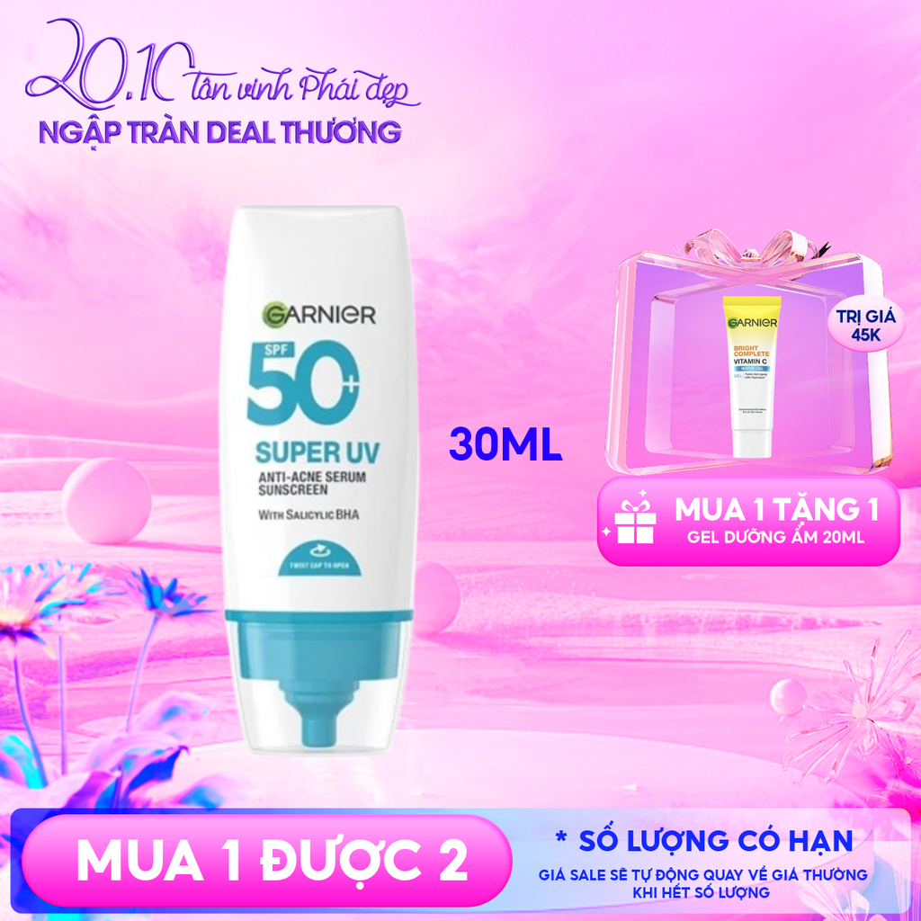 Kem Chống Nắng Phổ Rộng Garnier Kiềm Dầu, Hỗ Trợ Giảm Mụn Super Uv Anti-Acne Serum Sunscreen SPF50+ PA++++ 30ml