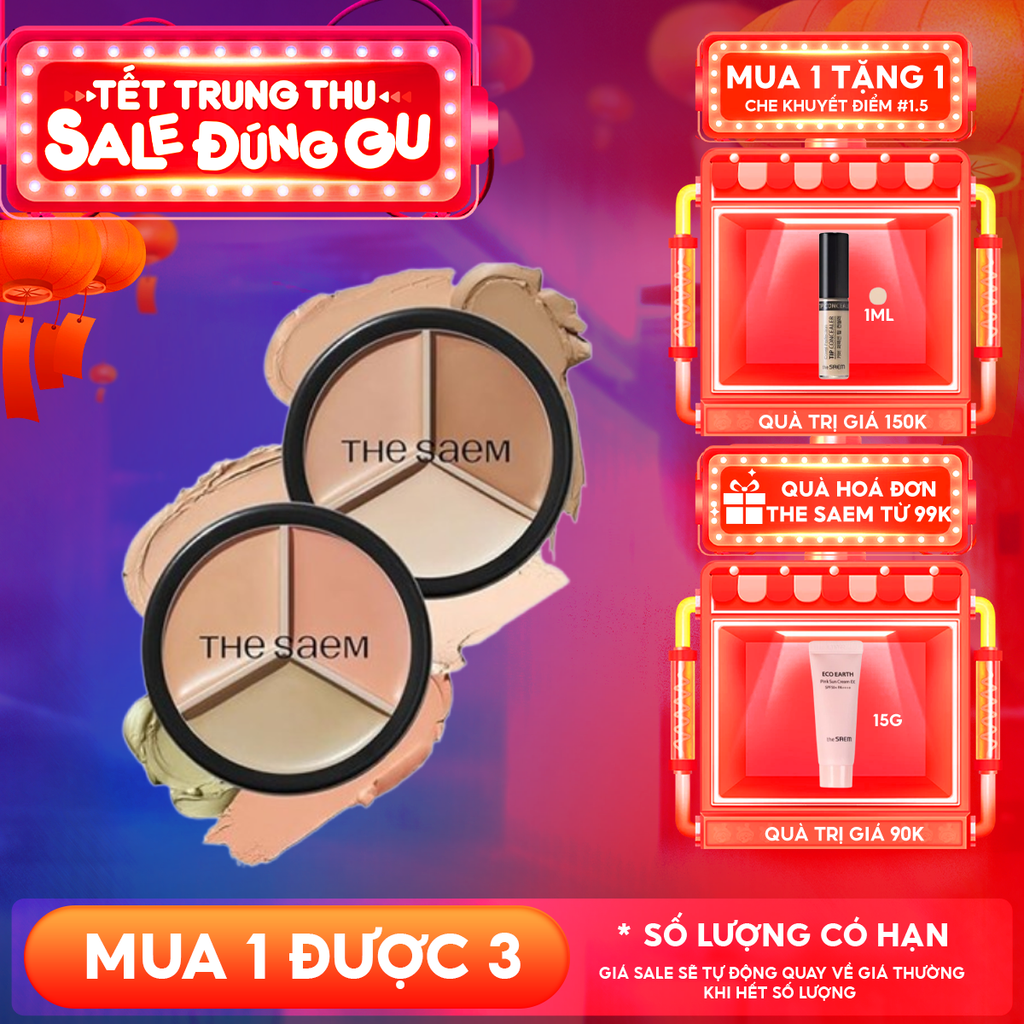 Che Khuyết Điểm Triệt Sắc, Che Phủ Cao The Saem Cover Perfection Triple Pot Concealer SPF28/PA+ 4.5g