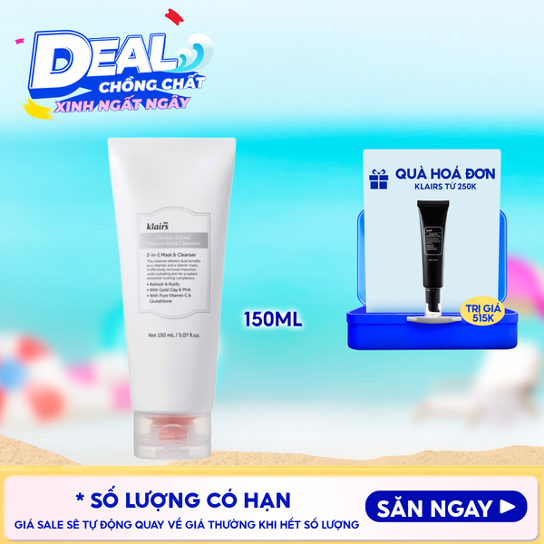  Sữa Rửa Mặt Klairs Hỗ Trợ Làm Sáng Da, Cải Thiện Lỗ Chân Lông Freshly Juiced Vitamin Mask Cleanser 150ml 