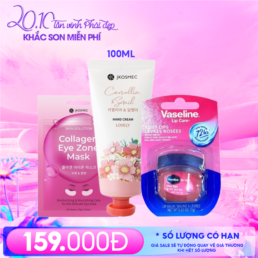 Combo 20/10: Mặt Nạ Mắt Jkosmec (30 miếng) + Kem Dưỡng Da Tay Jkosmec 100ml #Camellia & Snail + Sáp Dưỡng Môi Vaseline 7g