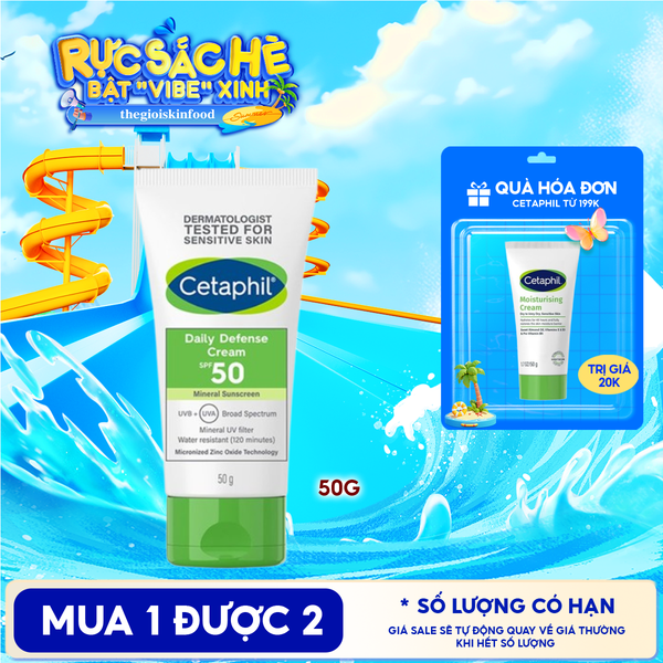  Kem Chống Nắng Cetaphil Dưỡng Ẩm 2in1 Cho Da Thiên Dầu, Nhạy Cảm Daily Defense Cream SPF50 UVB+UVA 50g 