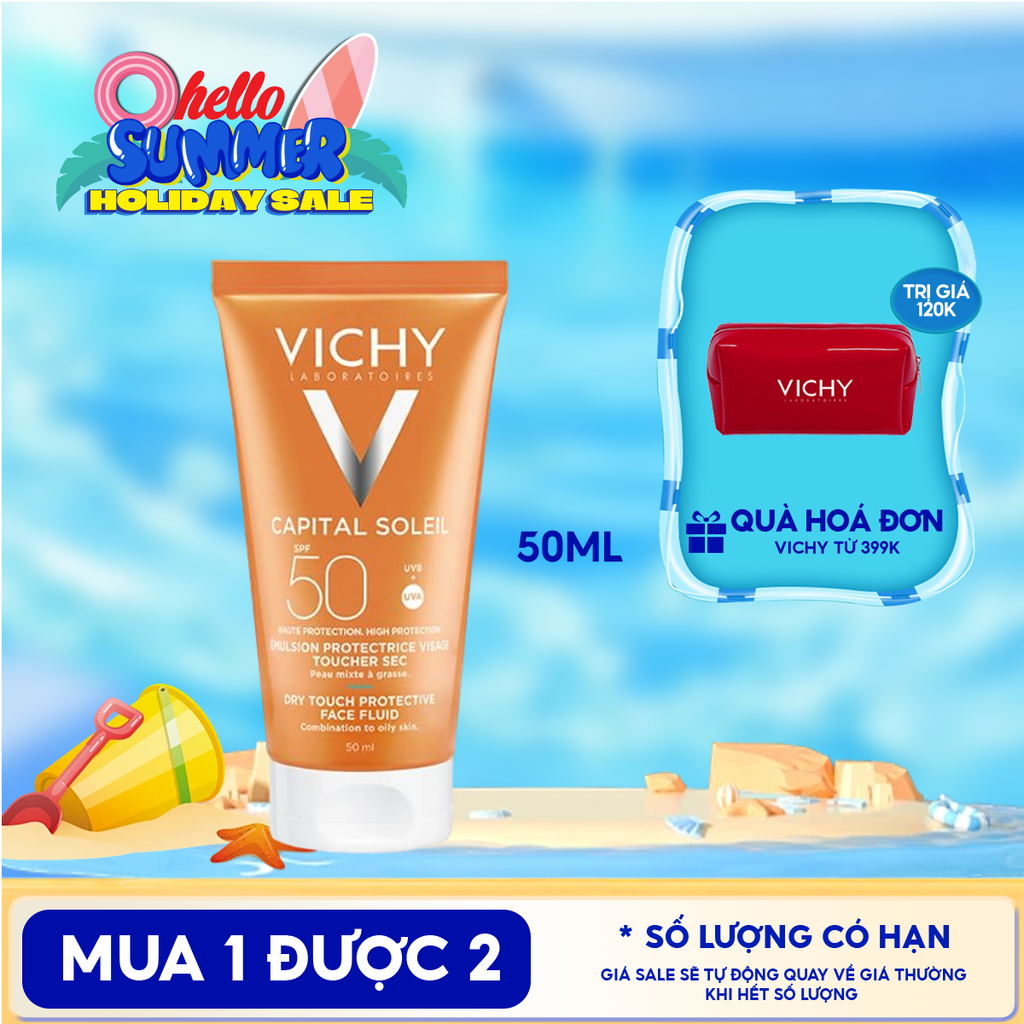 Kem Chống Nắng Vichy Cho Da Dầu, Không Nhờn Rít Capital Soleil Dry Touch Face Fluid SPF50+ 50ml