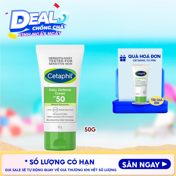  Kem Chống Nắng Cetaphil Dưỡng Ẩm 2in1 Cho Da Thiên Dầu, Nhạy Cảm Daily Defense Cream SPF50 UVB+UVA 50g 