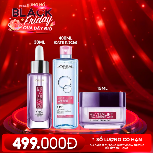  Combo 3 Sản Phẩm L'oreal: Serum Cấp Ẩm, Cải Thiện Nếp Nhăn 30ml + Kem Dưỡng Cấp Ẩm, Cải Thiện Nếp Nhăn 15ml + Nước Tẩy Trang Dưỡng Ẩm 400ml (date 11/2026) 