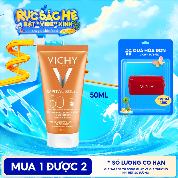  Kem Chống Nắng Vichy Cho Da Dầu, Không Nhờn Rít Capital Soleil Dry Touch Face Fluid SPF50+ 50ml 