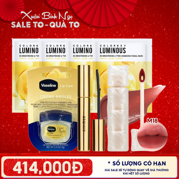  Combo Valentine: Son Phao Kem Lì Bơ Merzy M18 + Chuốt Mi Browit #Endless Night + Sáp Dưỡng Môi Vaseline CREME BRULEE + 4 Mặt Nạ Colorkey B3 Hỗ Trợ Dưỡng Sáng Da Luminous B3 Brightening Facial Mask 30ml 