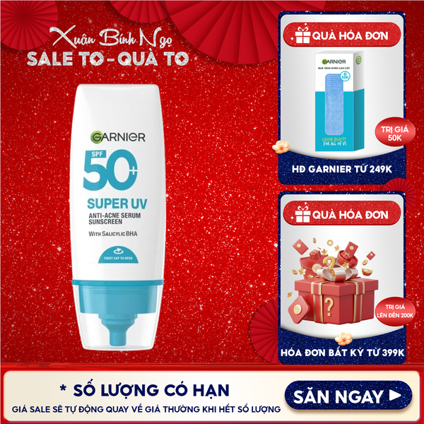  Kem Chống Nắng Phổ Rộng Garnier Kiềm Dầu, Hỗ Trợ Giảm Mụn Super Uv Anti-Acne Serum Sunscreen SPF50+ PA++++ 30ml 