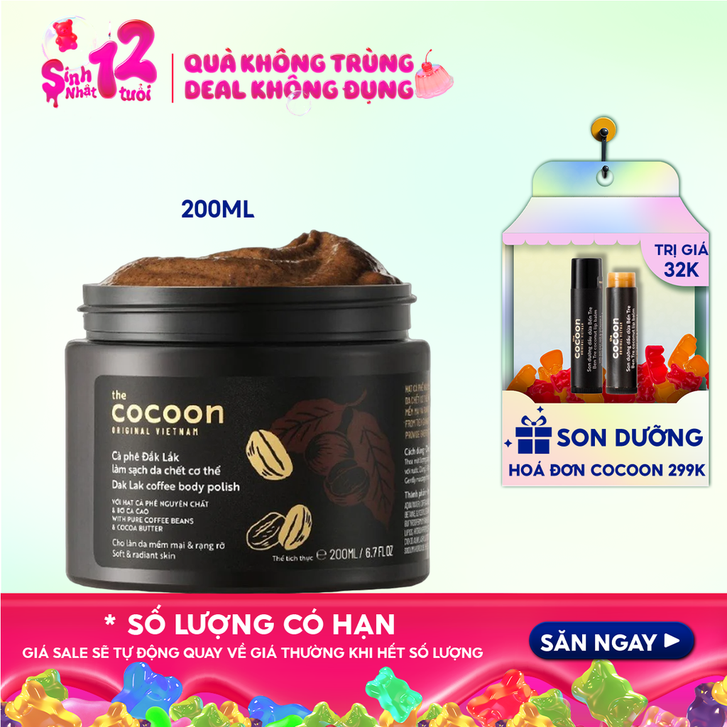 Tẩy Da Chết Body Cocoon Làm Đều Màu Da Và Dưỡng Mịn Da Chiết Xuất Cà Phê Dak Lak, Đường Thốt Nốt An Giang Body Polish