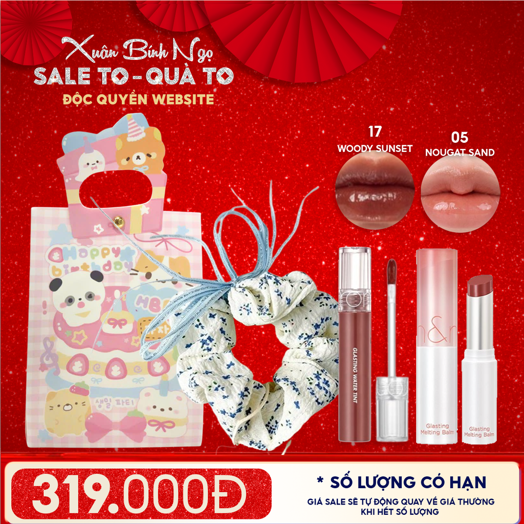 Combo Quà Tặng: Son Tint Nước Romand Glasting Water Tint + Son Dưỡng Có Màu Romand Glasting Melting Balm + Cột Tóc + Túi Quà