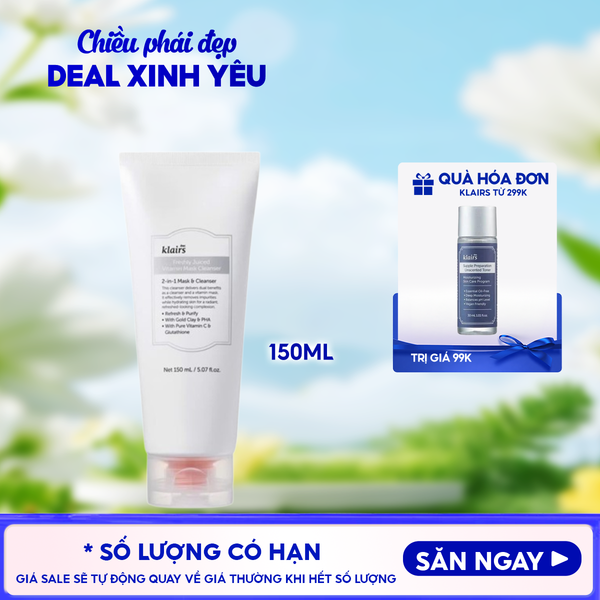  Sữa Rửa Mặt Klairs Hỗ Trợ Làm Sáng Da, Cải Thiện Lỗ Chân Lông Freshly Juiced Vitamin Mask Cleanser 150ml 