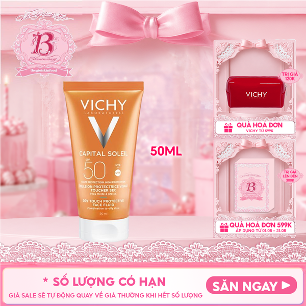  Kem Chống Nắng Vichy Cho Da Dầu, Không Nhờn Rít Capital Soleil Dry Touch Face Fluid SPF50+ 50ml 