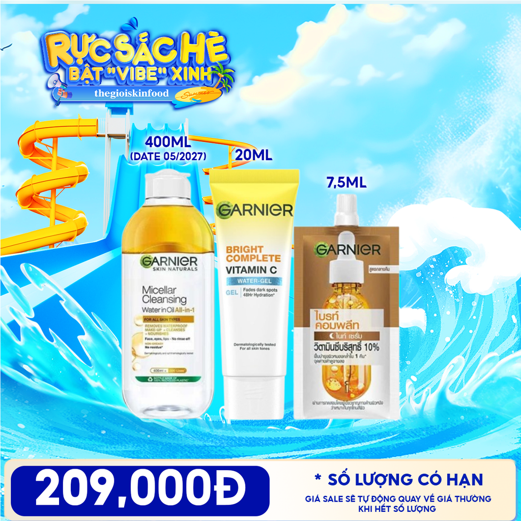 Combo Travel: Tinh Chất Garnier Booster Serum 7.5ml + Nước Tẩy Trang Garnier Micellar Cleansing Water + Gel Dưỡng Ẩm Garnier Bright Complete Vitamin C Water-gel 20ml