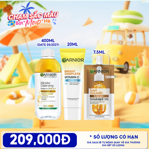  Combo Travel: Tinh Chất Garnier Booster Serum 7.5ml + Nước Tẩy Trang Garnier Micellar Cleansing Water + Gel Dưỡng Ẩm Garnier Bright Complete Vitamin C Water-gel 20ml 