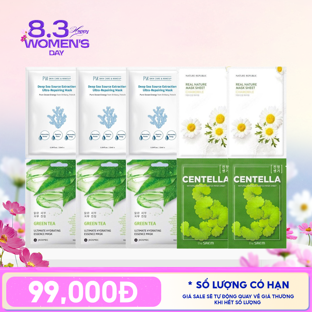 Combo 10 Mask: Mặt Nạ PSK Phục Hồi + Mặt Nạ Jkosmec Trà Xanh + Mặt Nạ Nature Republic Hoa Cúc + Mặt Nạ The Saem Rau Má