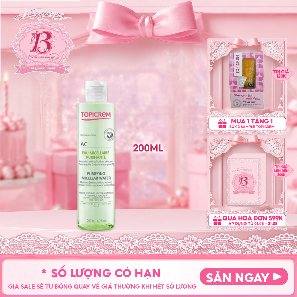 Nước Tẩy Trang Topicrem Làm Sạch Sâu, Dành Cho Da Hỗn Hợp Dầu, Mụn AC Purifying Micellar Water 200ml