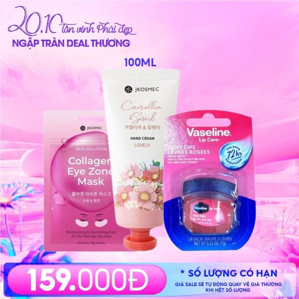  Combo 20/10: Mặt Nạ Mắt Jkosmec (30 miếng) + Kem Dưỡng Da Tay Jkosmec 100ml #Camellia & Snail + Sáp Dưỡng Môi Vaseline 7g 