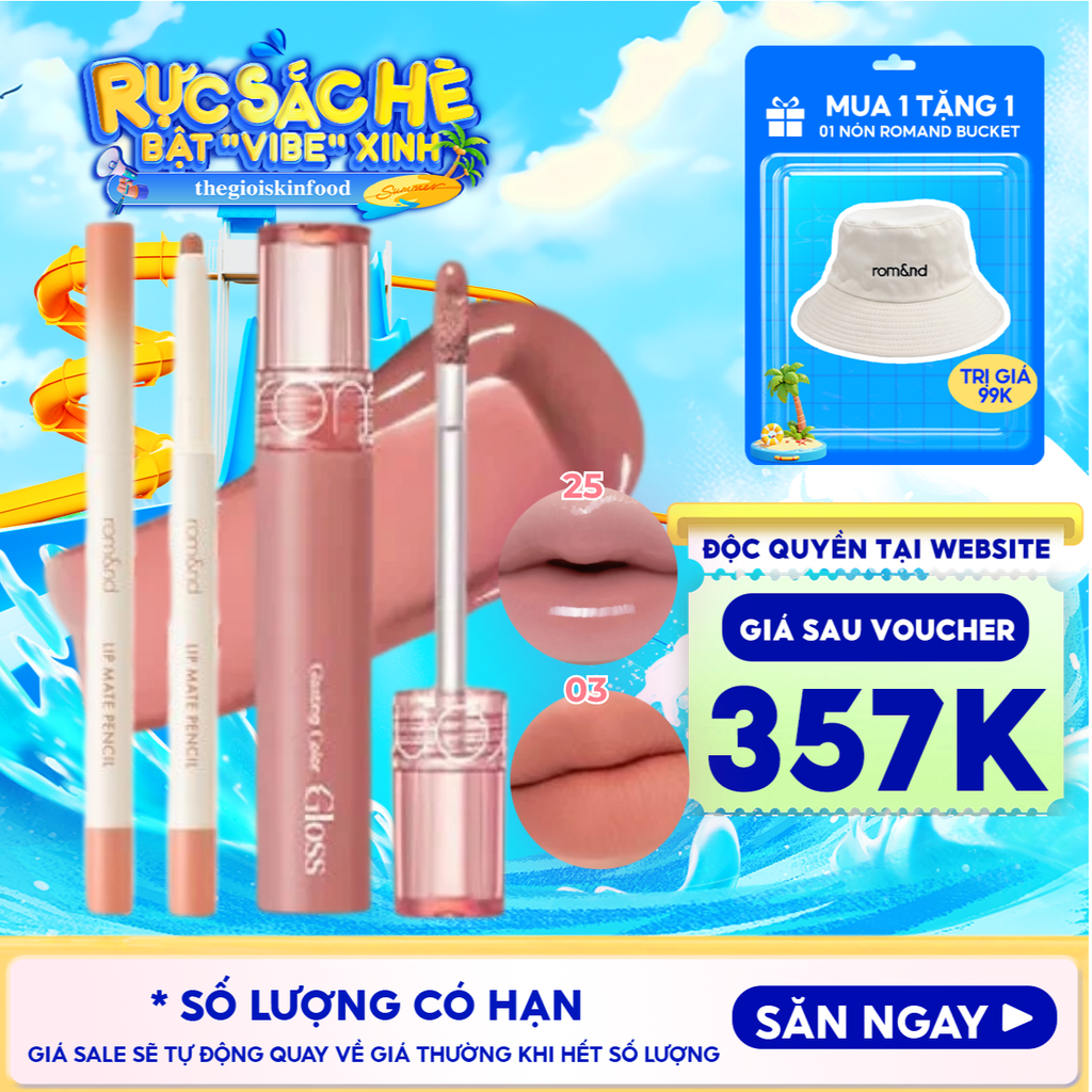 Combo Romand: Son Bóng Romand Glasting Color Gloss + Chì Kẻ Viền Môi Romand 2 Đầu Lip Mate Pencil