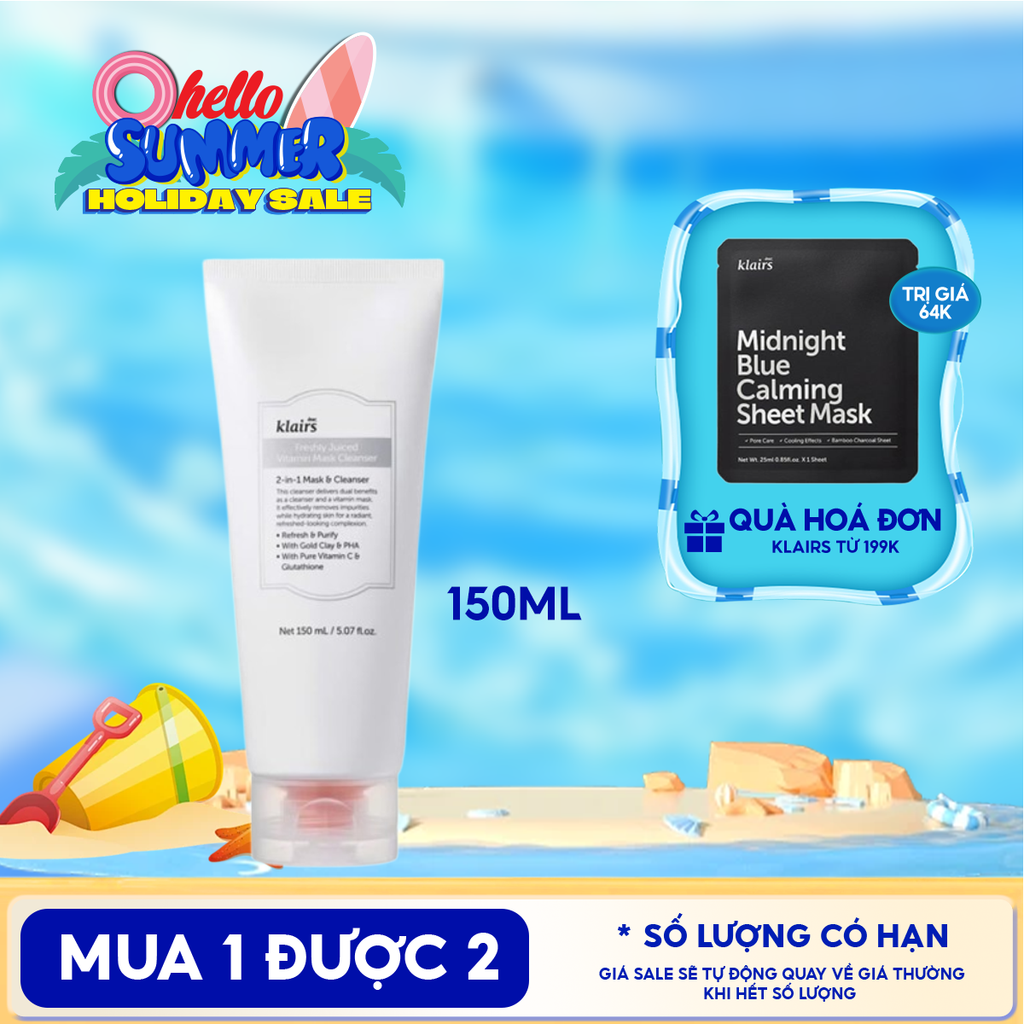 Sữa Rửa Mặt Klairs Hỗ Trợ Làm Sáng Da, Cải Thiện Lỗ Chân Lông Freshly Juiced Vitamin Mask Cleanser 150ml