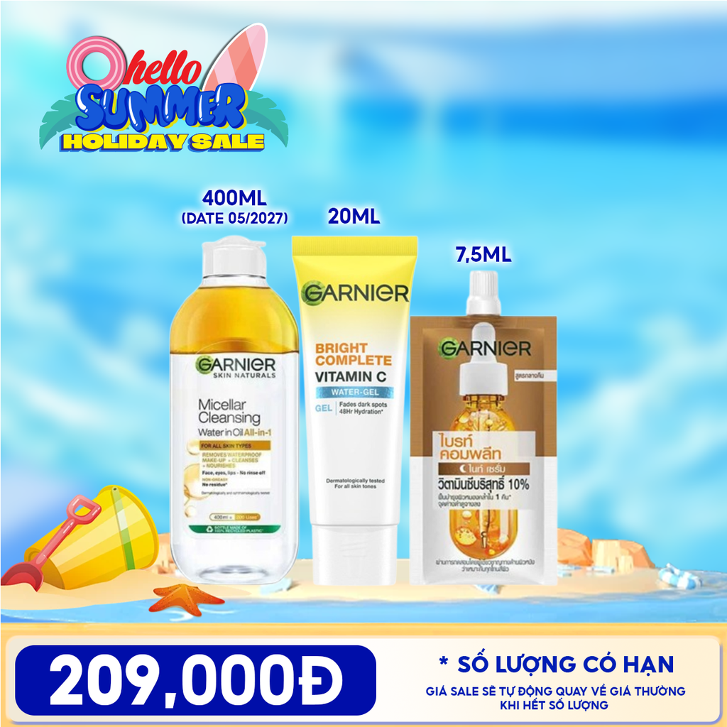 Combo Travelsize: Tinh Chất Garnier Booster Serum 7.5ml + Nước Tẩy Trang Garnier Micellar Cleansing Water + Gel Dưỡng Ẩm Garnier Bright Complete Vitamin C Water-gel 20ml