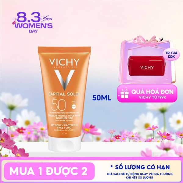  Kem Chống Nắng Vichy Cho Da Dầu, Không Nhờn Rít Capital Soleil Dry Touch Face Fluid SPF50+ 50ml 