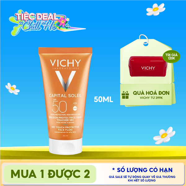  Kem Chống Nắng Vichy Cho Da Dầu, Không Nhờn Rít Capital Soleil Dry Touch Face Fluid SPF50+ 50ml 