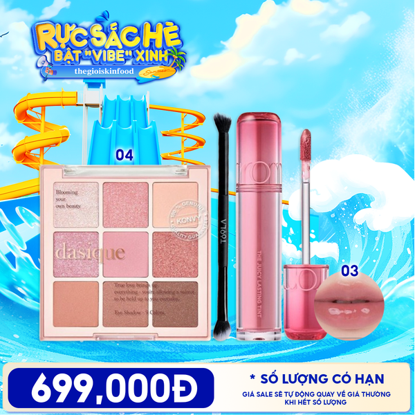  Combo Bảng Phấn Mắt Dasique 9 Ô Shadow Palette +  Son Tint Lì Romand The Juicy Lasting Tint + Cọ Trang Điểm 2 Đầu Toola TOOLA 