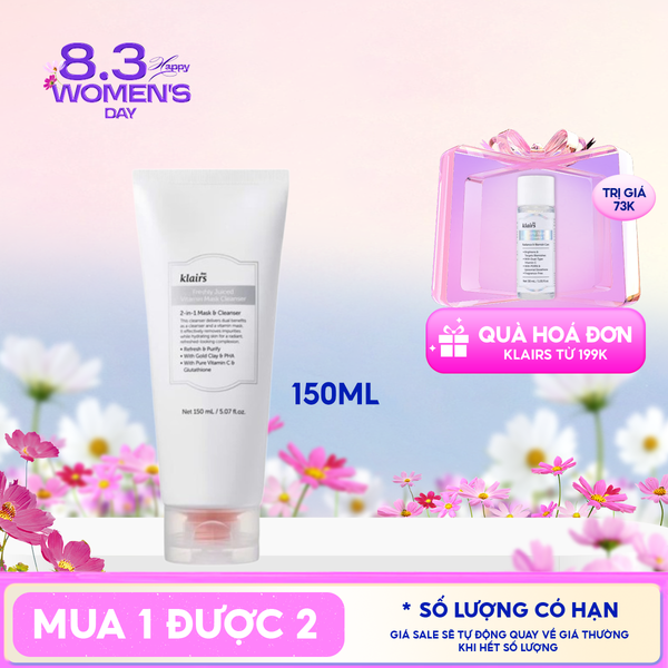  Sữa Rửa Mặt Klairs Hỗ Trợ Làm Sáng Da, Cải Thiện Lỗ Chân Lông Freshly Juiced Vitamin Mask Cleanser 150ml 