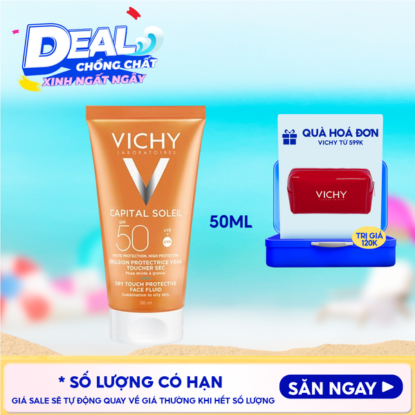  Kem Chống Nắng Vichy Cho Da Dầu, Không Nhờn Rít Capital Soleil Dry Touch Face Fluid SPF50+ 50ml 