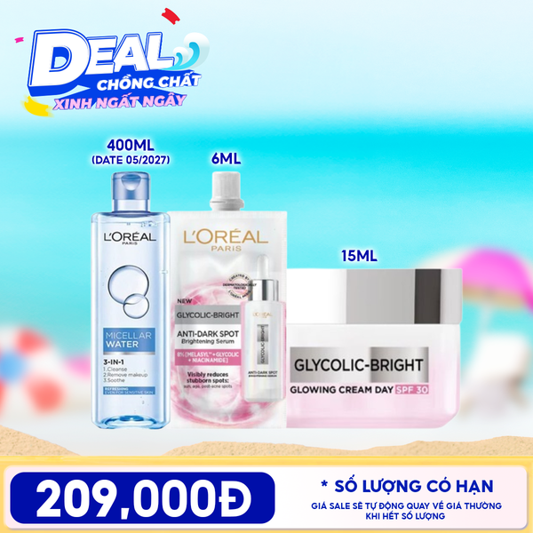  Combo Travel: Kem Dưỡng L'Oreal Glycolic Bright Cream Day 15ml + Tinh Chất Mờ Thâm Nám L'oreal Serum 6ml + Nước Tẩy Trang L'Oreal Micellar Water 