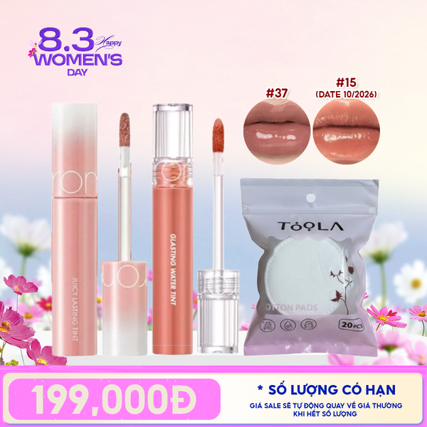 Combo Quà Tặng 8.3:  Son Lì Romand The Juicy Lasting Tint + Son Tint Nước Romand Glasting Water Tint + Bông Tẩy Trang Tròn TOOLA x Romand 