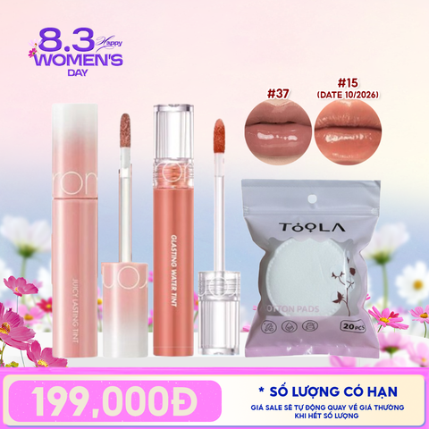 Combo Quà Tặng 8.3:  Son Lì Romand The Juicy Lasting Tint + Son Tint Nước Romand Glasting Water Tint + Bông Tẩy Trang Tròn TOOLA x Romand