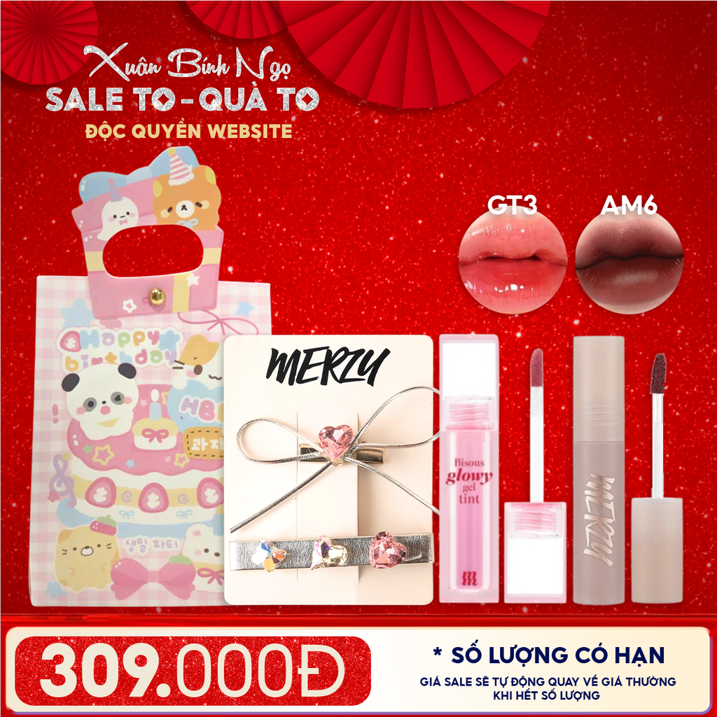 Combo Quà Tặng: Son Bóng Pha Lê Merzy Bisous Glowy Gel Tint + Son Kem Merzy Academia Mellow Tint + Kẹp Tóc Merzy + Túi Quà