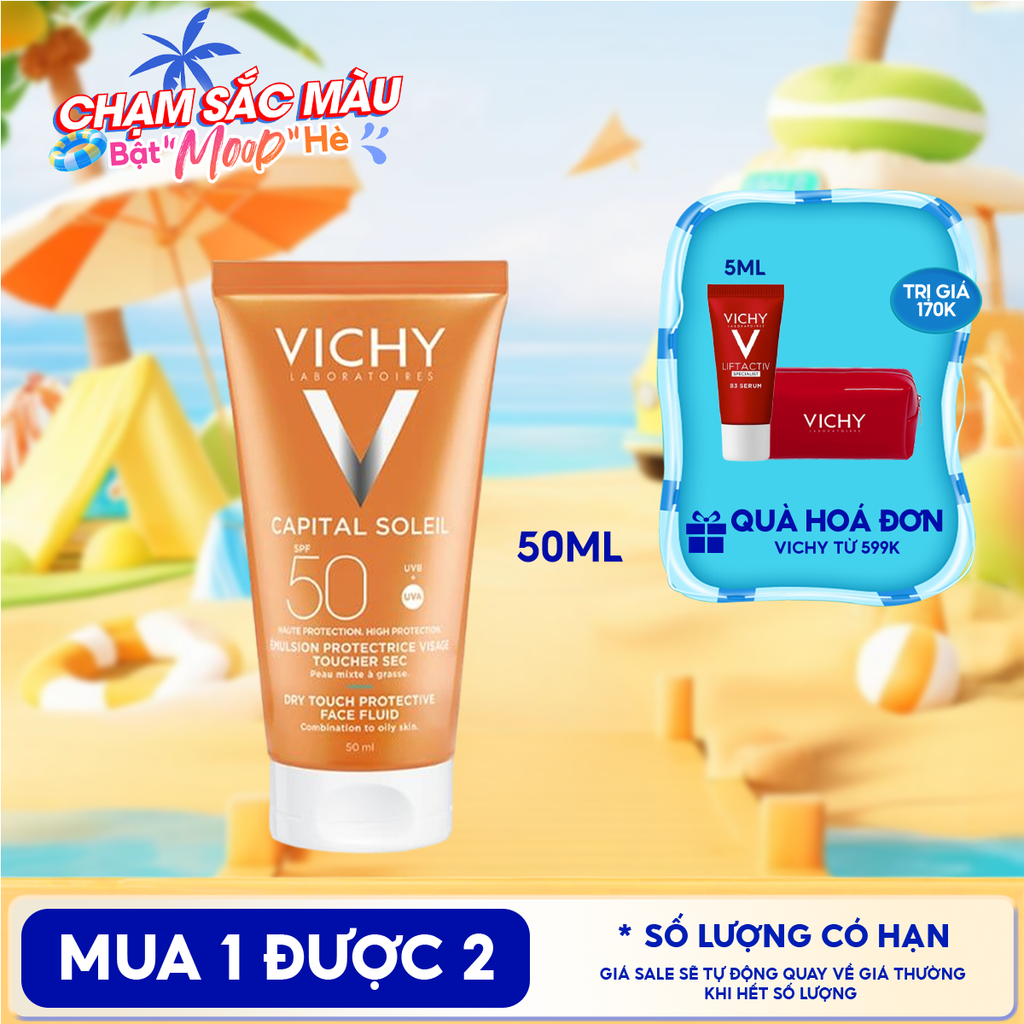 Kem Chống Nắng Vichy Cho Da Dầu, Không Nhờn Rít Capital Soleil Dry Touch Face Fluid SPF50+ 50ml
