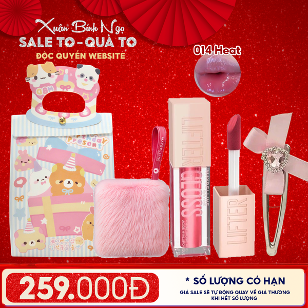  Combo Quà Tặng: Túi Quà + Son Bóng Căng Mọng Maybelline 014 HEAT + Kẹp Tóc + Túi Lông Màu Hồng 