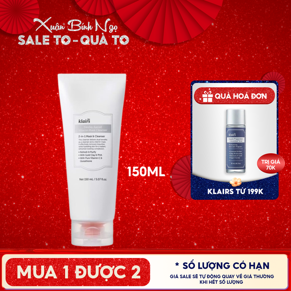  Sữa Rửa Mặt Klairs Hỗ Trợ Làm Sáng Da, Cải Thiện Lỗ Chân Lông Freshly Juiced Vitamin Mask Cleanser 150ml 