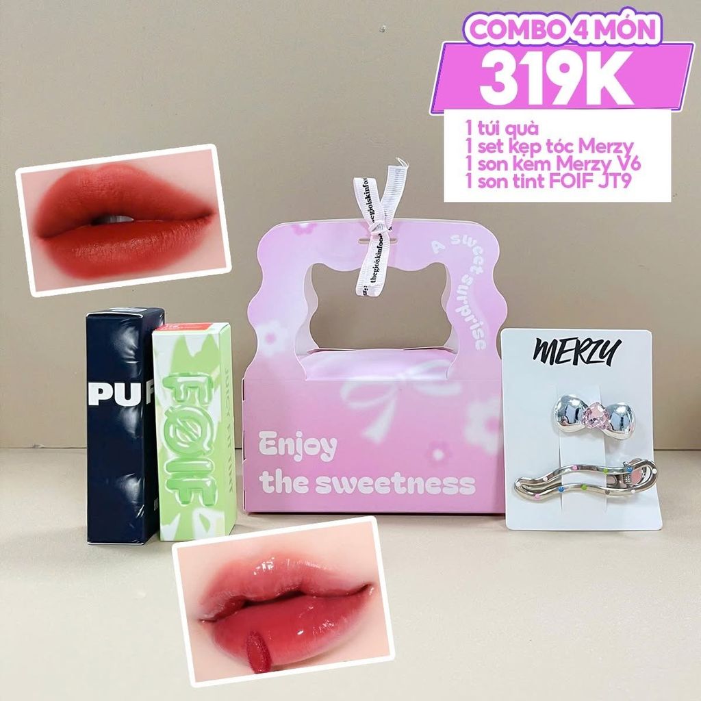 Combo Quà Tặng 20/10: Kẹp tóc Merzy + Son Kem Lì Merzy 3.7g #V6 + Son Tint Bóng FOIF 3g #JT9 + Túi Hộp Nhỏ #Hồng