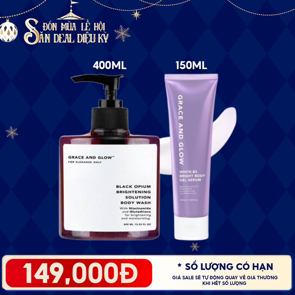 Combo Grace And Glow: Sữa Tắm Dưỡng Ẩm, Trắng Da, Tẩy Tế Bào Chết 400ml + Sữa Dưỡng Thể Dạng Gel Black Opium White B3 Bright Body