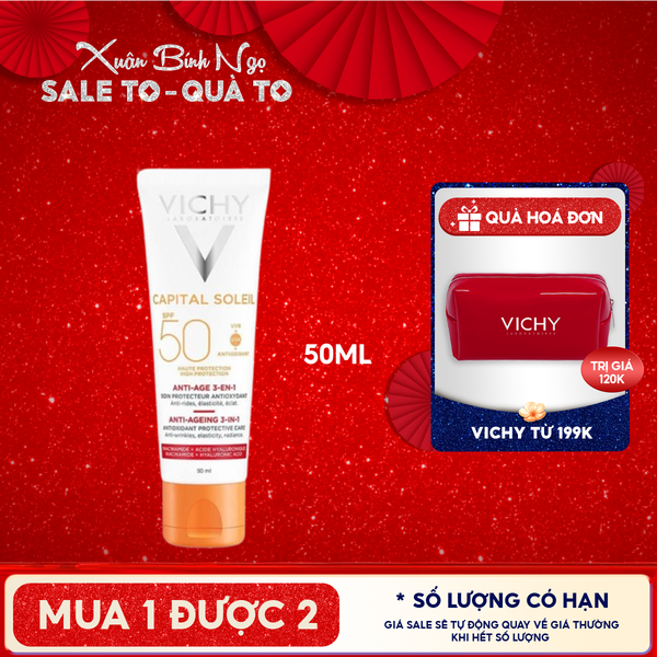  Kem Chống Nắng Vichy Hỗ Trợ Ngăn Ngừa Lão Hóa Da Capital Soleil Anti-Ageing 3-In-1 SPF50+ 50ml 