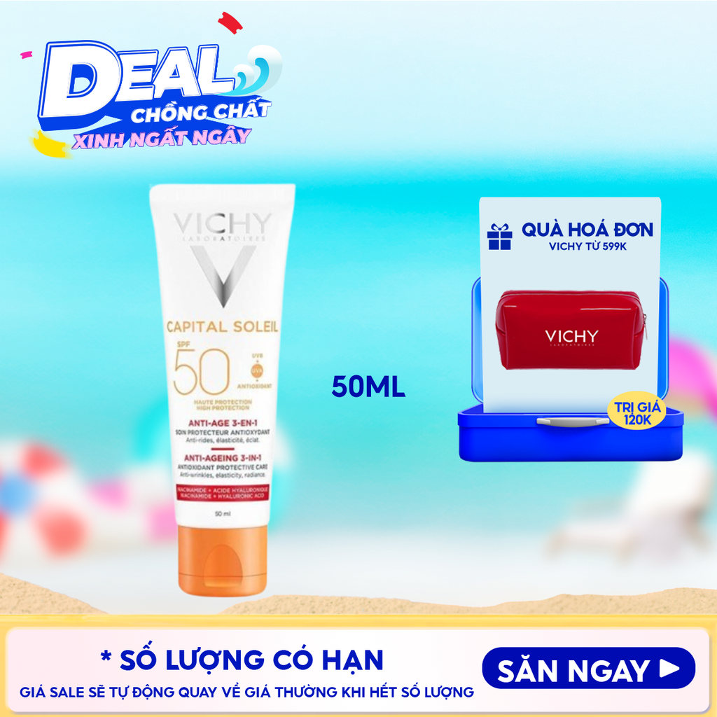 Kem Chống Nắng Vichy Hỗ Trợ Ngăn Ngừa Lão Hóa Da Capital Soleil Anti-Ageing 3-In-1 SPF50+ 50ml