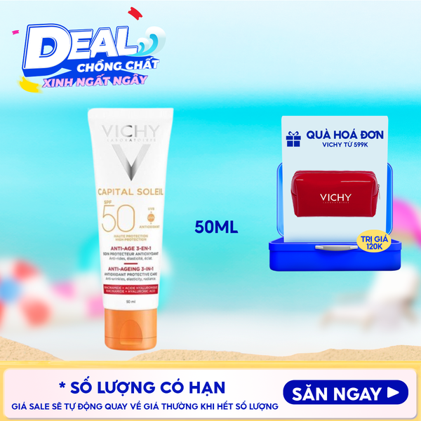  Kem Chống Nắng Vichy Hỗ Trợ Ngăn Ngừa Lão Hóa Da Capital Soleil Anti-Ageing 3-In-1 SPF50+ 50ml 