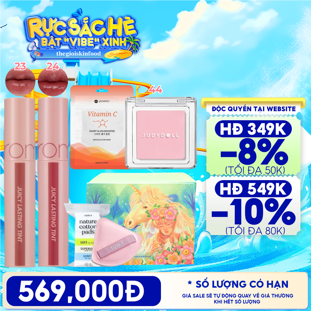 [HỘP QUÀ YÊU THƯƠNG] Son Tint Lì Romand The Juicy Lasting Tint + Phấn Má Hồng Đơn Sắc Judydoll Blush Powder + Bông Mút Trang Điểm, Tẩy Trang TOOLA + Mặt Nạ Jkosmec