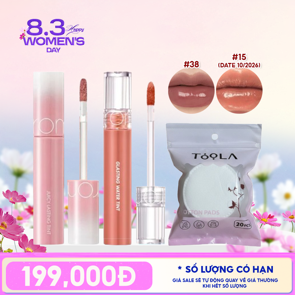  Combo Quà Tặng 8.3:  Son Lì Romand The Juicy Lasting Tint + Son Tint Nước Romand Glasting Water Tint + Bông Tẩy Trang Tròn TOOLA x Romand 