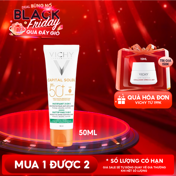  Kem Chống Nắng Vichy Kiềm Dầu Chống Ô Nhiễm Và Bụi Mịn Capital Soleil Mattifying 3-In-1 SPF50+ 50ml 