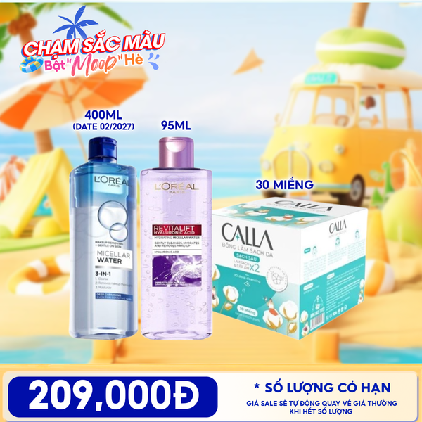  Combo Travel: Bông Tẩy Trang Calla 30 Miếng + Nước Tẩy Trang L'oreal Revitalift Hyaluronic Acid Hydrating Micellar Water 95ml + Nước Tẩy Trang L'Oreal Micellar Water 
